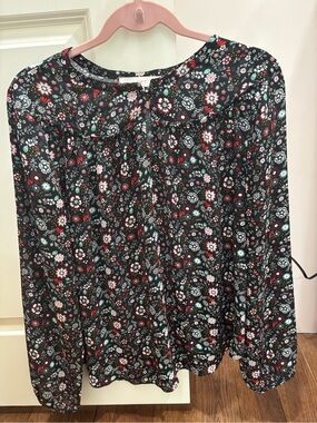 LOFT Black Floral Long-Sleeve Blouse with Red & White Accents